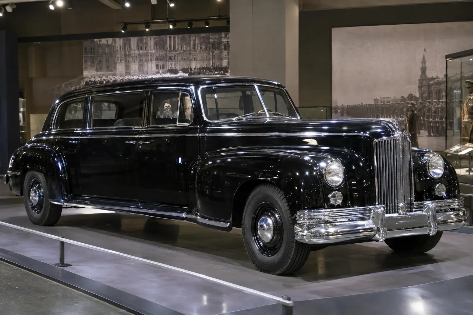 Chiếc limousine Xô Viết màu đen bóng thập niên 1940 với lưới tản nhiệt mạ crôm dưới ánh đèn bảo tàng