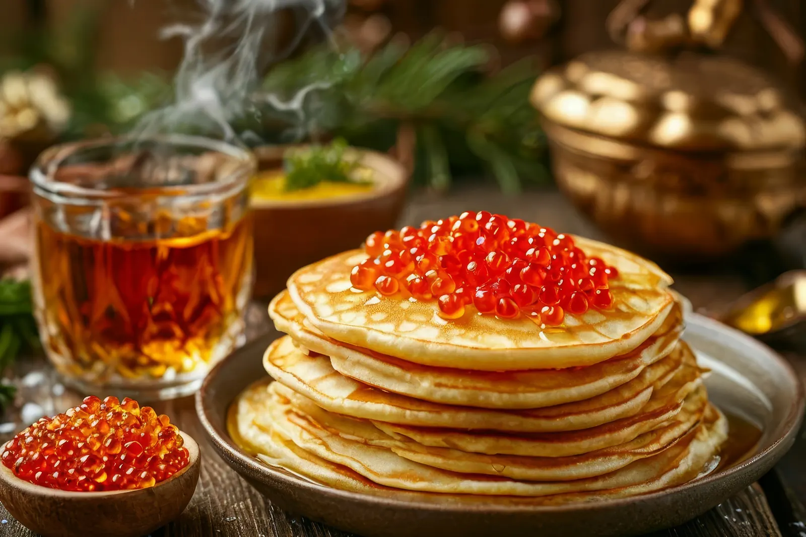 Chồng blini với trứng cá đỏ, bên cạnh là cốc trà nóng