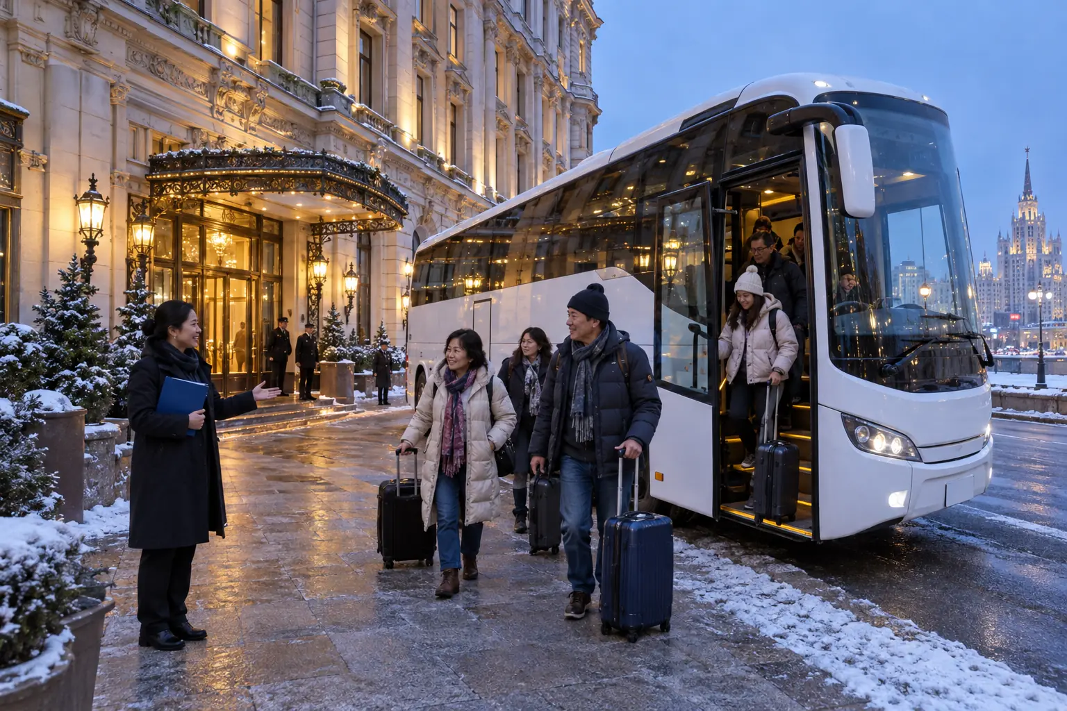 Xe du lịch trắng đỗ trước khách sạn cổ điển ở Moscow lúc chạng vạng mùa đông, đoàn khách kéo vali xuống xe