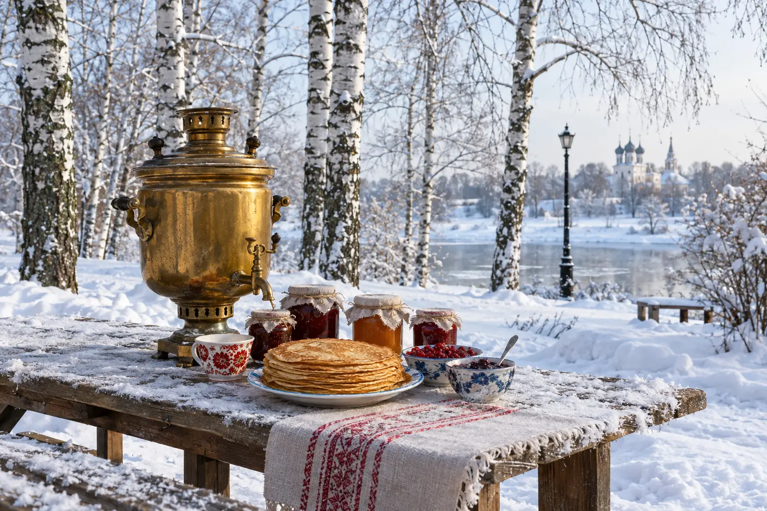 Bàn gỗ ngoài trời phủ tuyết nhẹ với chồng bánh kếp blini, hũ mứt và ấm samovar bằng đồng trong một công viên mùa đông