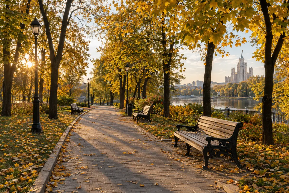 Công viên ở Moscow đầu thu với hàng cây lá vàng, lối đi lát đá và băng ghế gỗ trống, ánh nắng chiều nghiêng