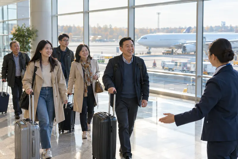 Đoàn khách Việt tại sảnh sân bay (ảnh minh hoạ AI)