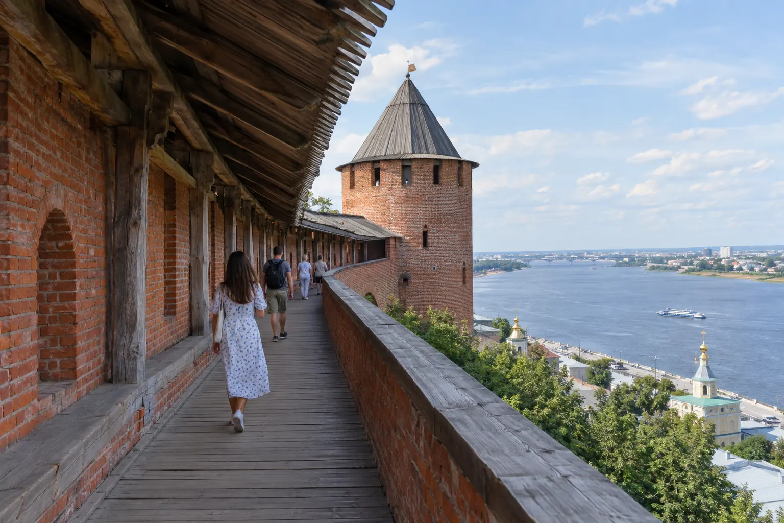 Lối đi có mái che trên tường thành gạch đỏ của Kremlin Nizhny Novgorod nhìn xuống sông Volga