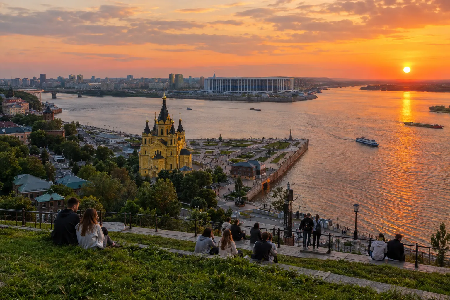 Mũi đất Strelka nơi sông Oka và sông Volga hợp lưu với nhà thờ mái vòm vàng ven nước