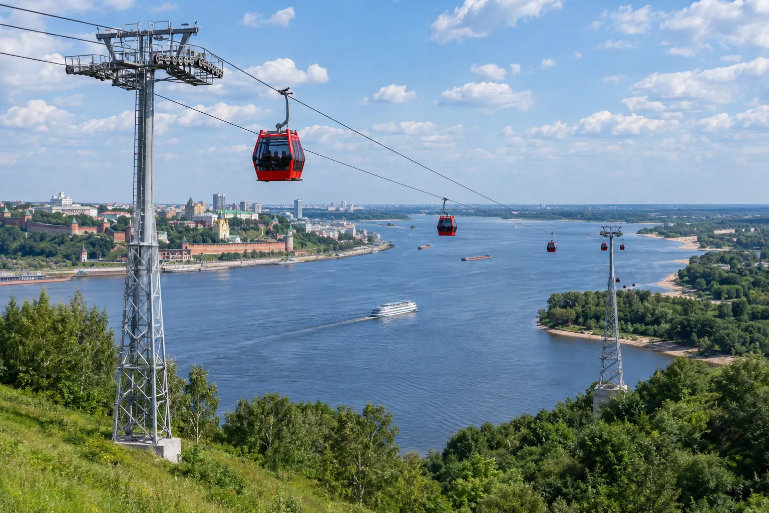 Cabin cáp treo màu đỏ treo cao trên sông Volga rộng giữa Nizhny Novgorod và Bor