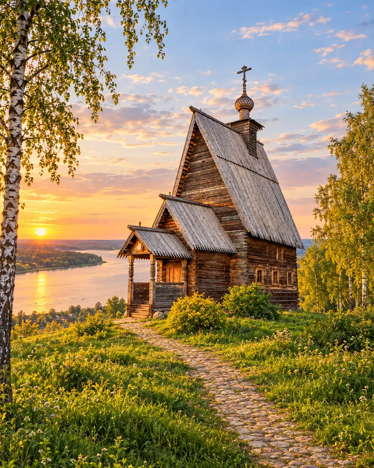 Nhà thờ gỗ trên đồi Levitan nhìn xuống sông Volga lúc chiều hè (ảnh minh hoạ AI)