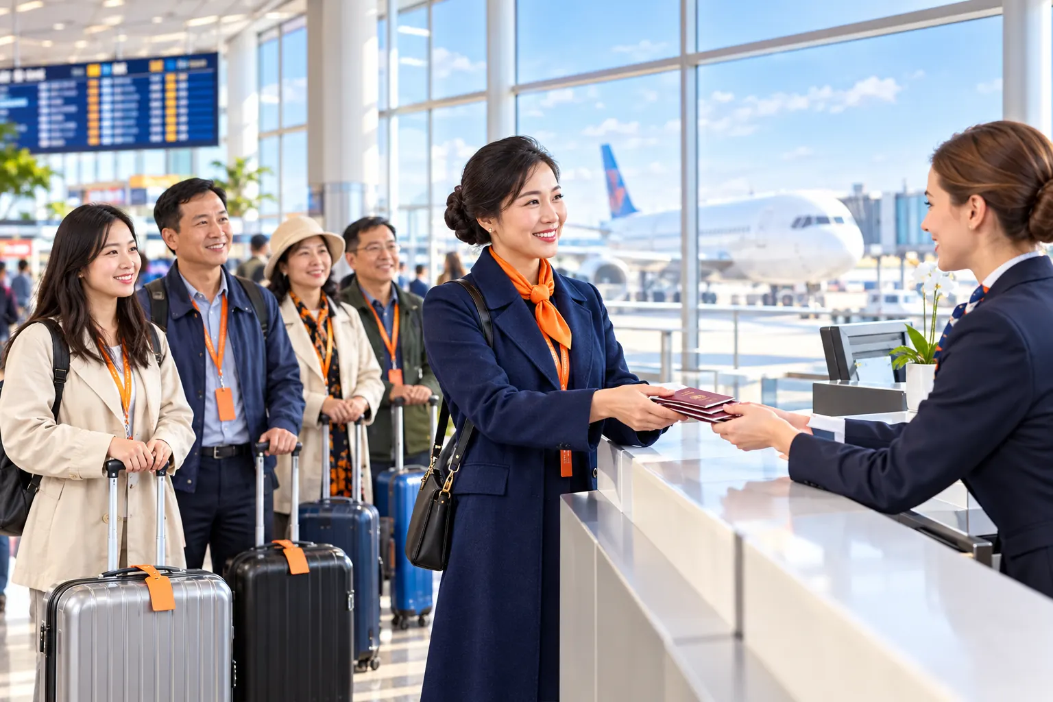 Hướng dẫn viên người Việt đưa xấp hộ chiếu cho nhân viên quầy làm thủ tục ở sân bay nội địa Moscow, đoàn khách chờ phía sau