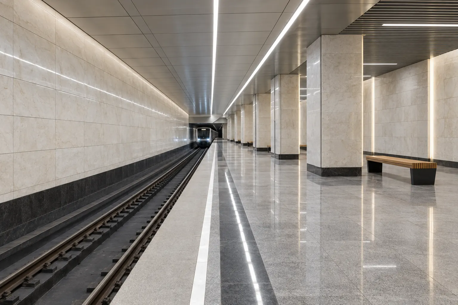 Ga metro Moscow hiện đại với sân ga rộng, tường ốp đá sáng màu và đèn trần dài, không có người