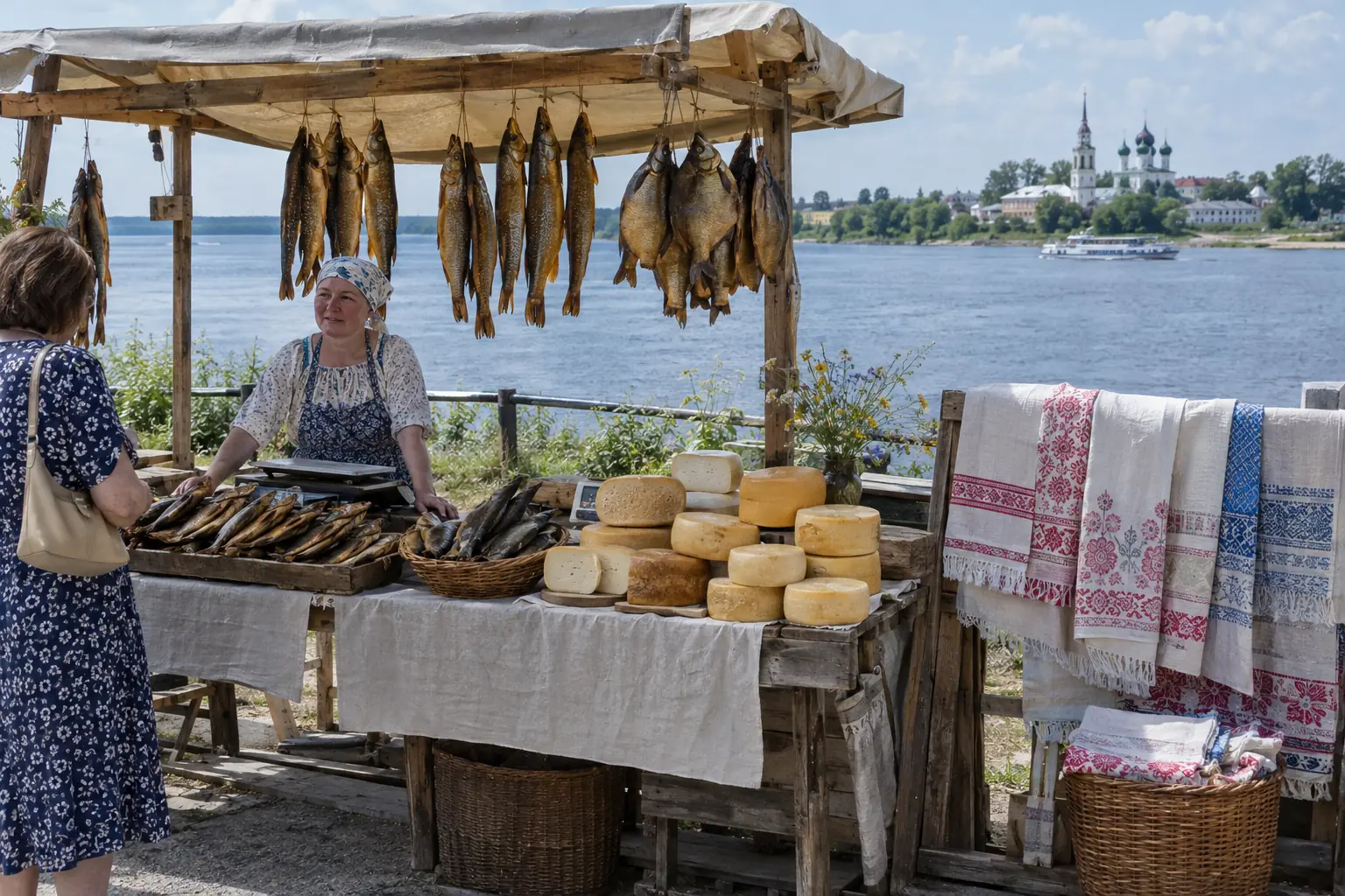 Quầy hàng bên sông Volga bán cá hun khói treo, bánh phô mai và khăn lanh