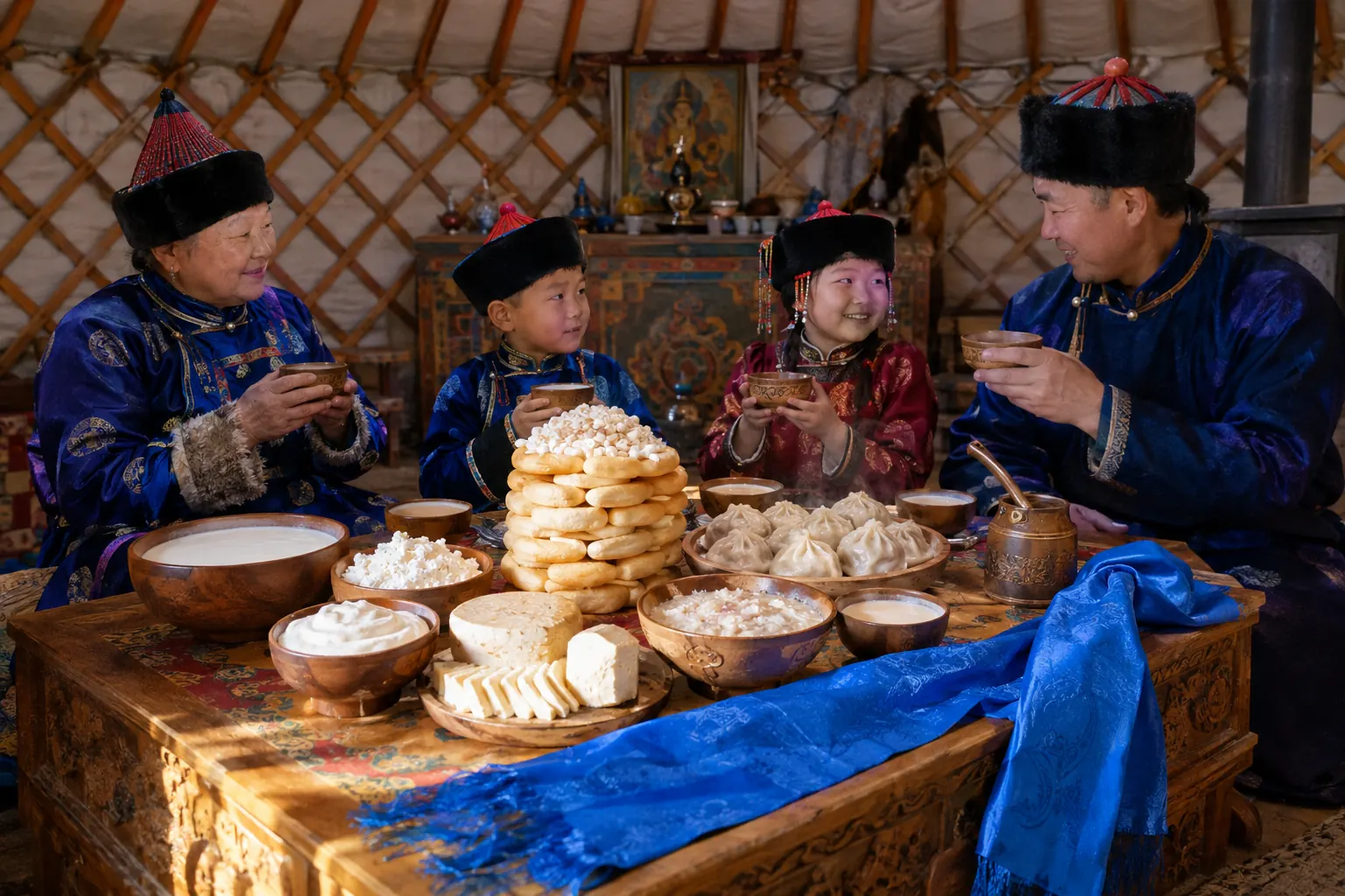 Bàn tiệc Tết Sagaalgan trong lều yurt với bát sữa, phô mai trắng, cháo salamat, bánh buuzy và khăn khadak xanh