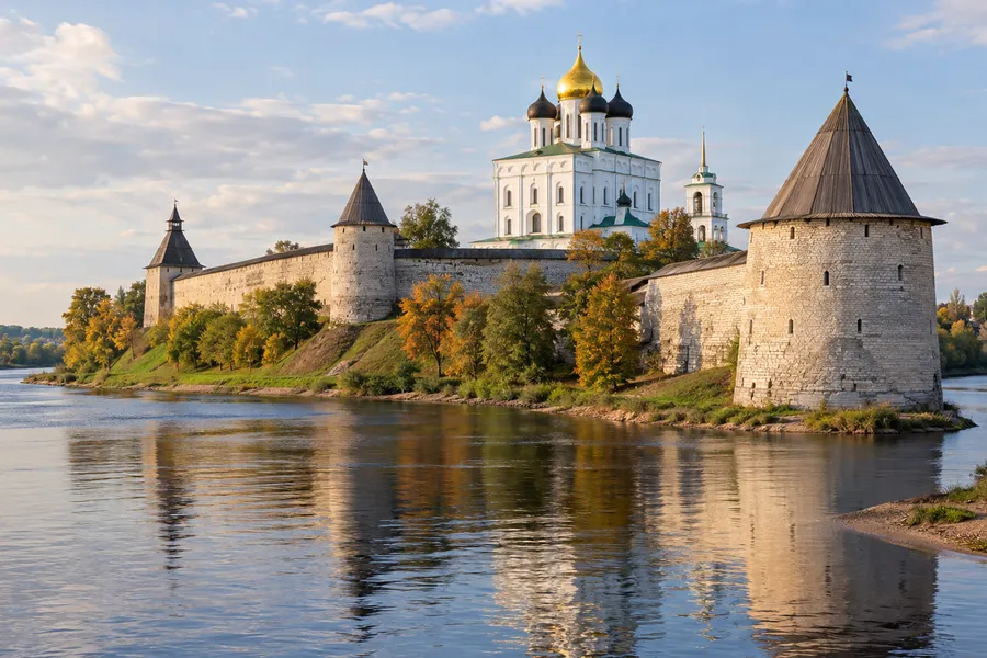 Kremlin Pskov và nhà thờ Chúa Ba Ngôi bên sông Velikaya